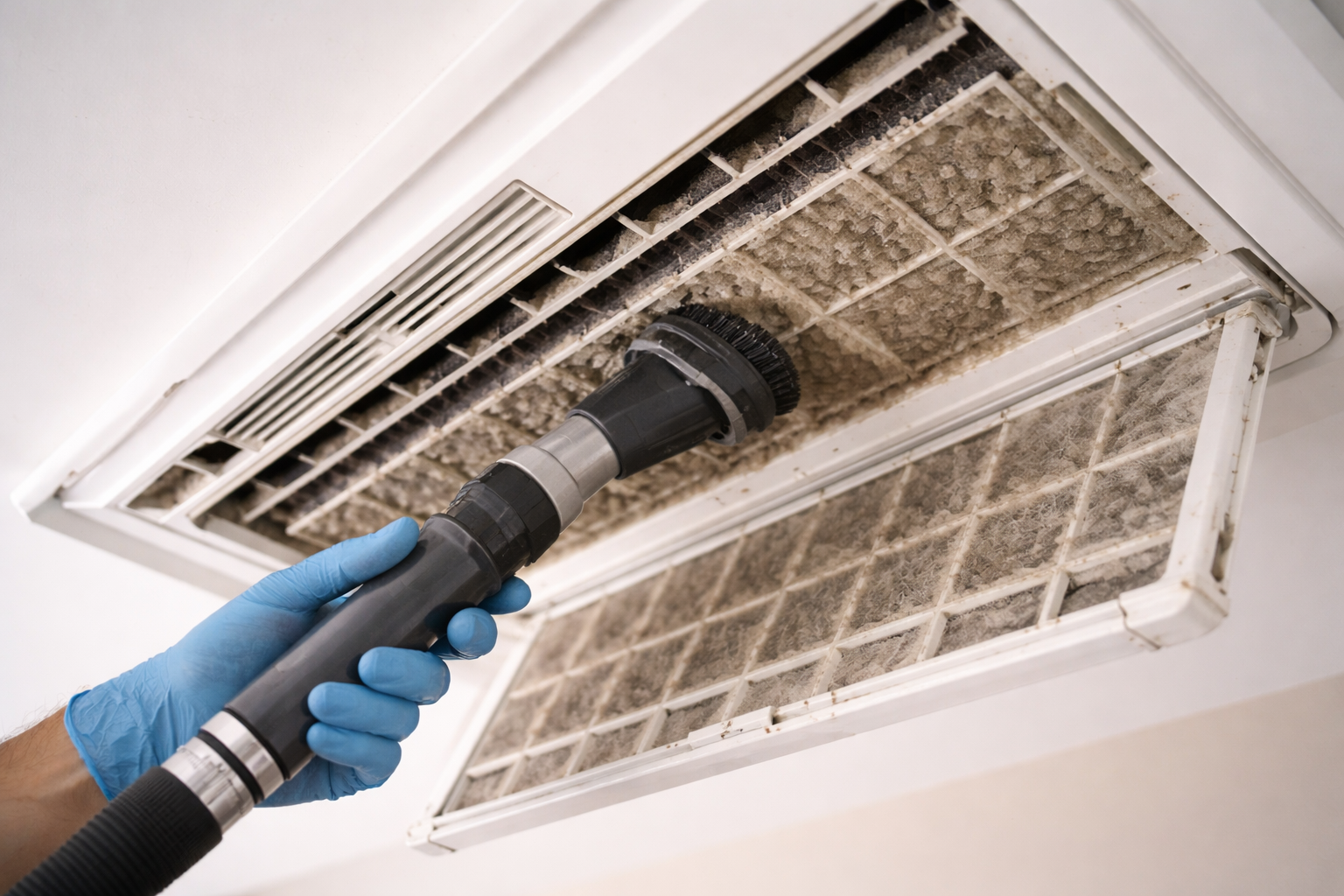 Cleaning dust from air conditioning vent to remove allergens in empty home